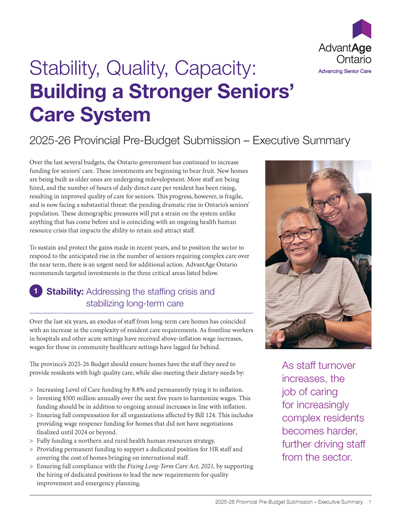 Stability, Quality, Capacity: Building a Stronger Seniors’ Care System - 2025-26 Provincial Pre-Budget Submission – Executive Summary